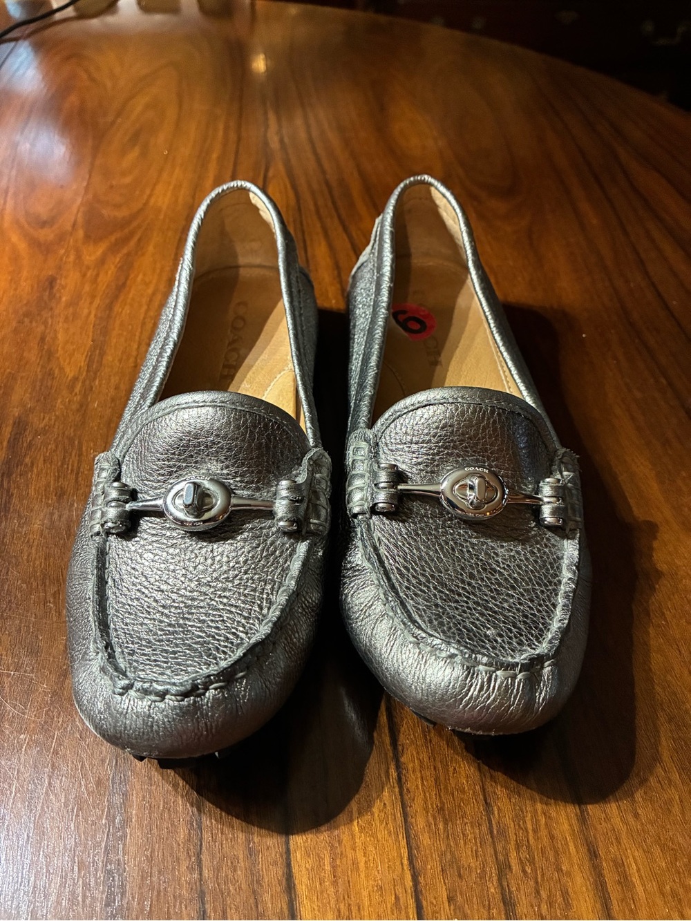 Coach Women’s Metallic Silver Leather Driving Loafers